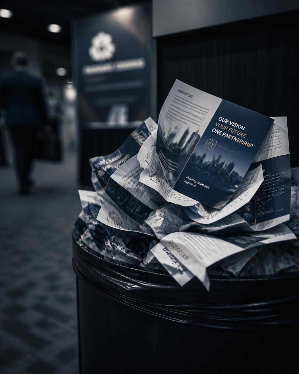 Crumpled trifold brochures overflowing from a convention hall trash bin
